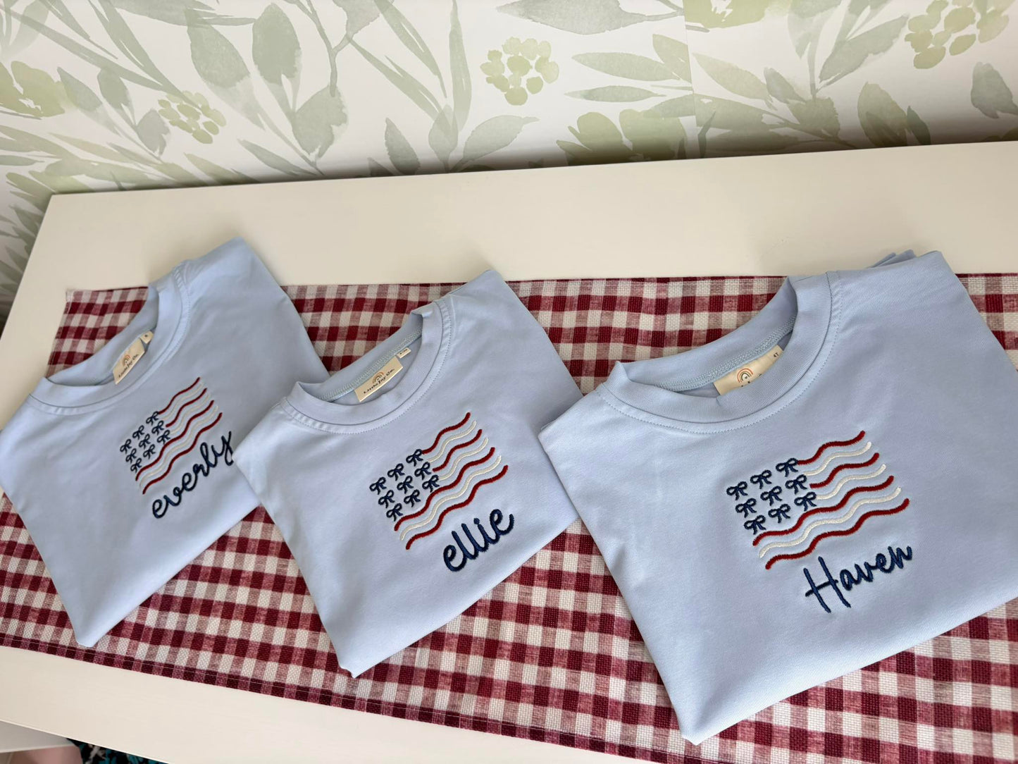 Custom Embroidered Light Blue 4th of July Oversized Tee or T-Shirt Romper - Bow Flag