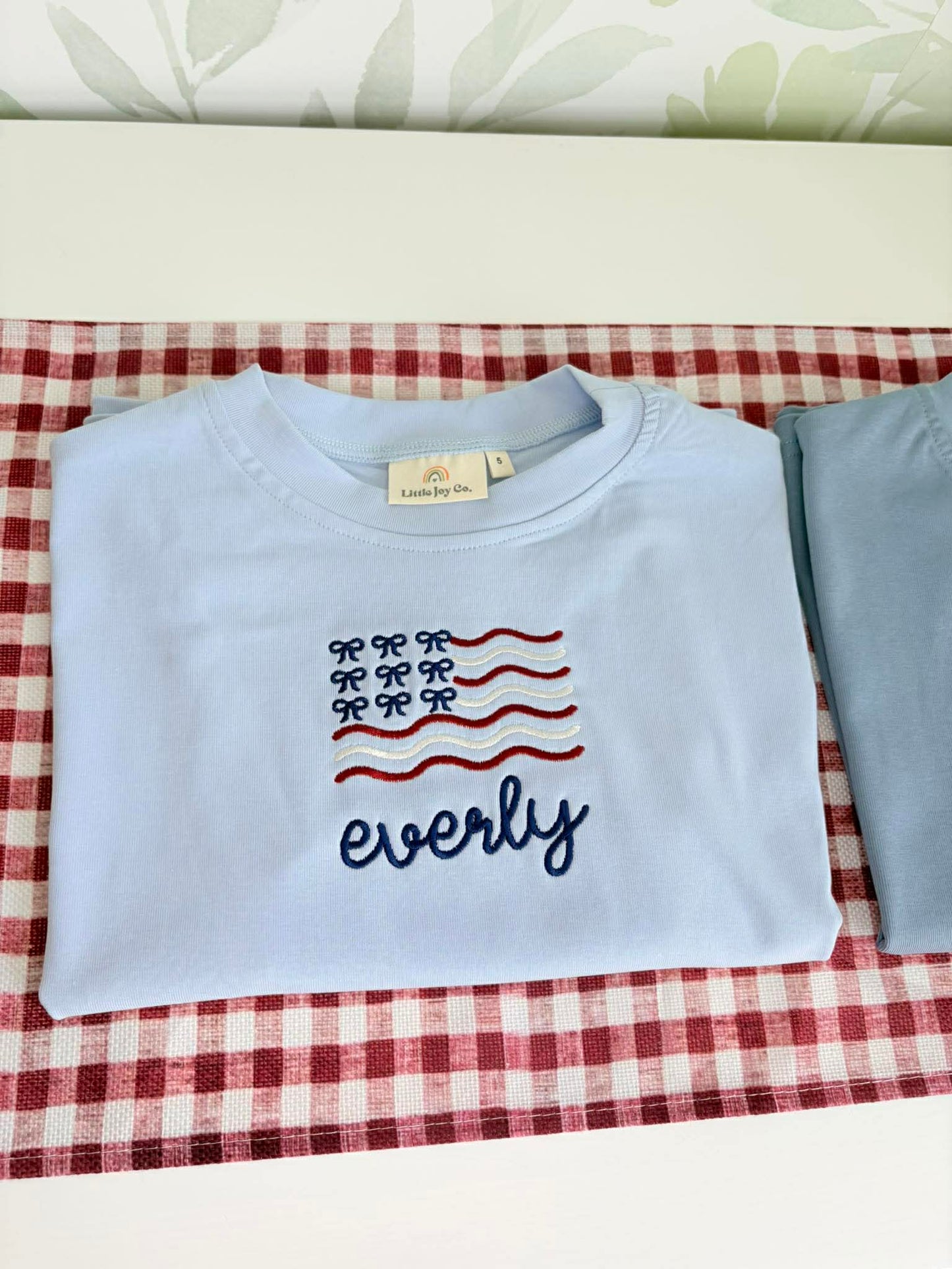 Custom Embroidered Light Blue 4th of July Oversized Tee or T-Shirt Romper - Bow Flag