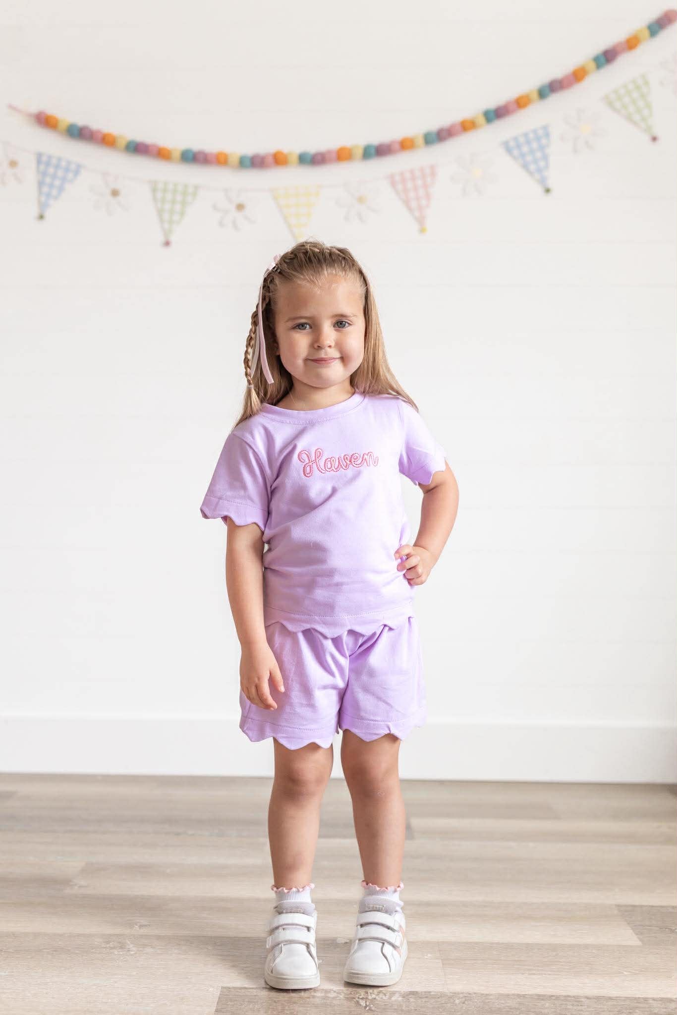 Custom Embroidered Scalloped Shorts Set - Pink or Purple