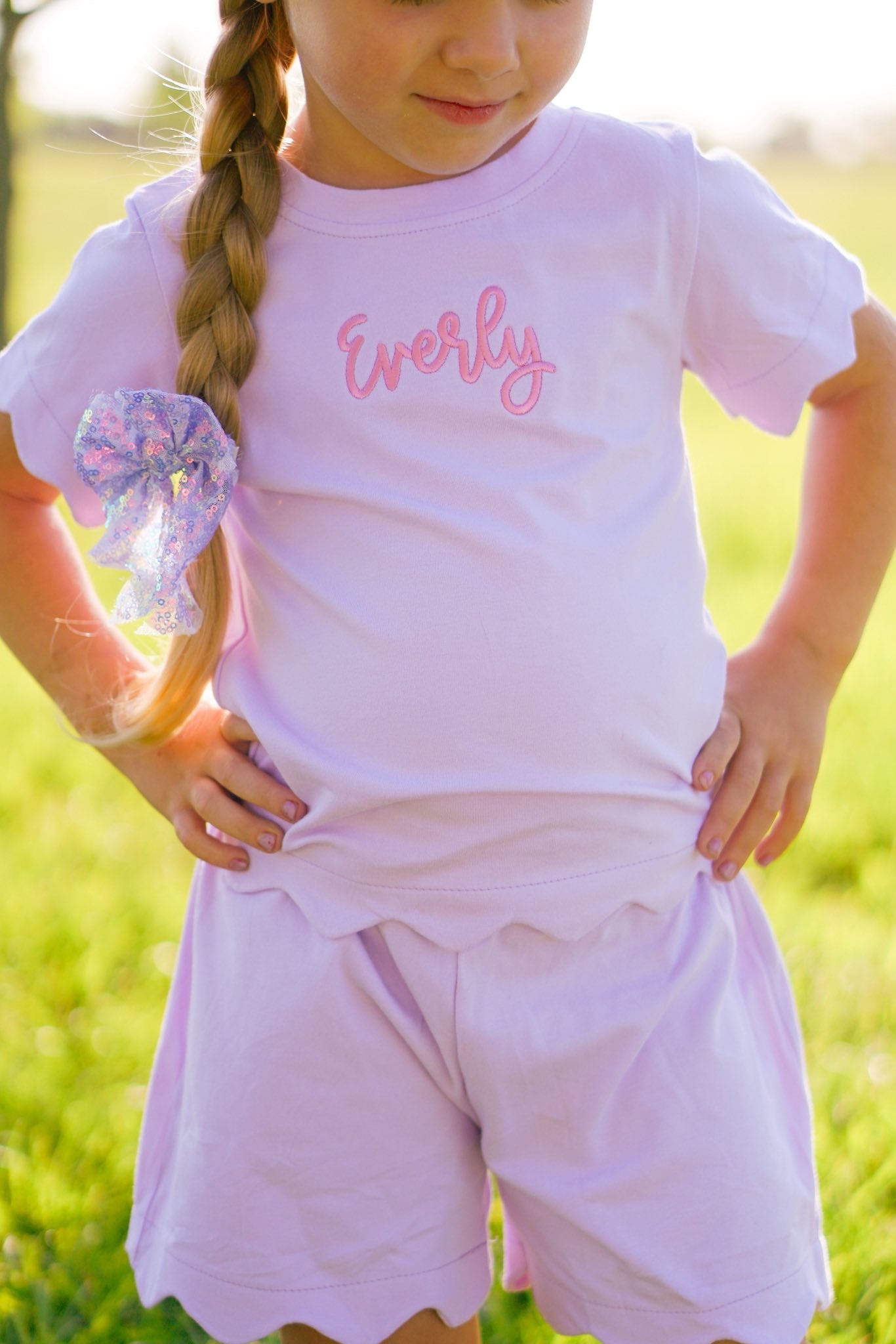 Custom Embroidered Scalloped Shorts Set - Pink or Purple