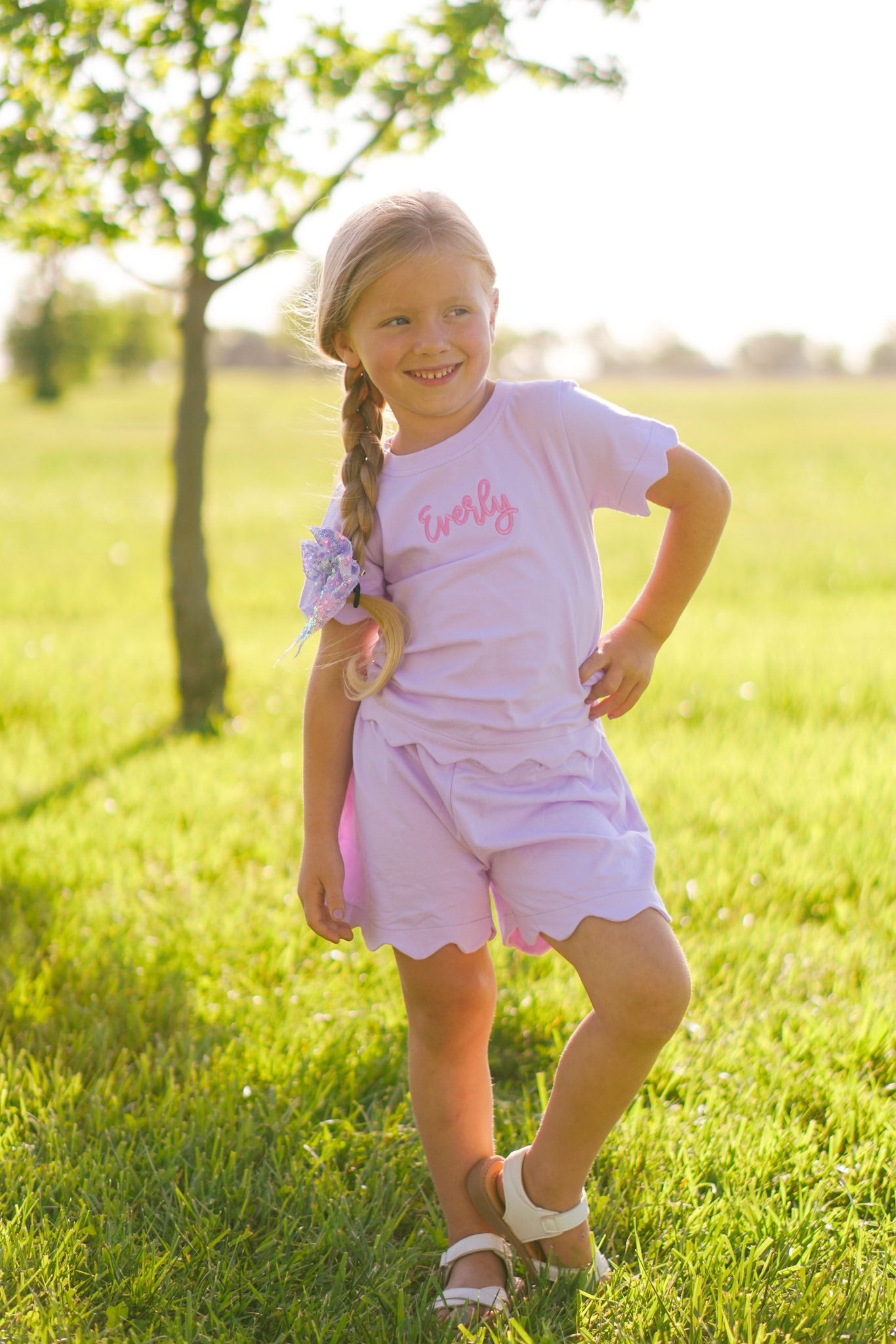 Custom Embroidered Scalloped Shorts Set - Pink or Purple
