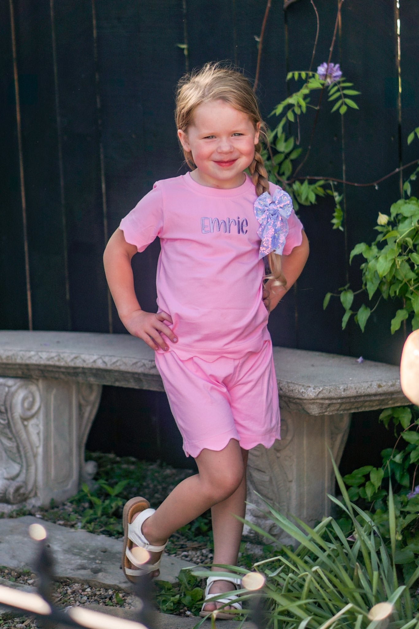 Custom Embroidered Scalloped Shorts Set - Pink or Purple