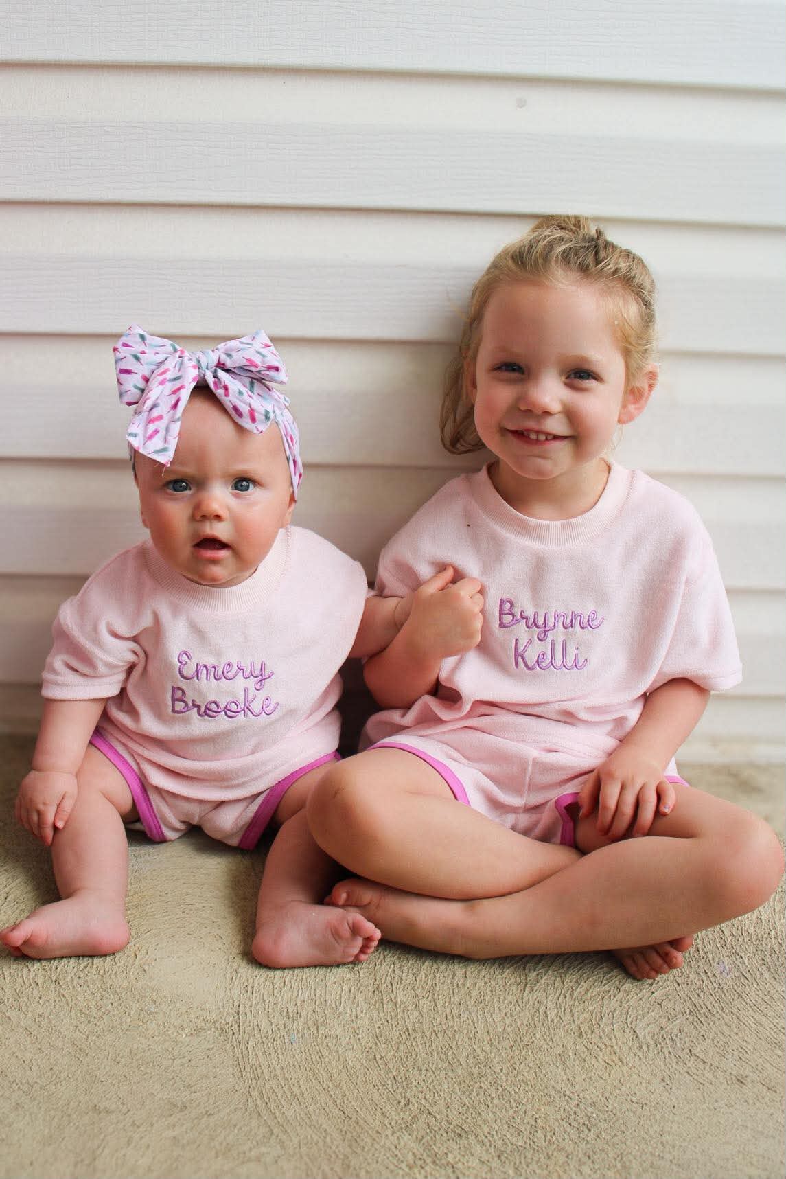 Custom Embroidered Organic Cotton Terry Shorts Set - Pink & Purple