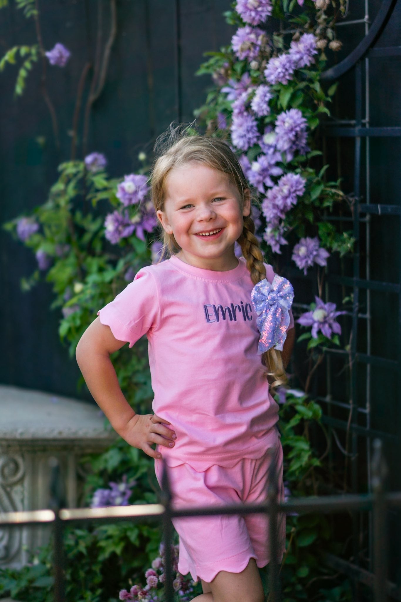 Custom Embroidered Scalloped Shorts Set - Pink or Purple