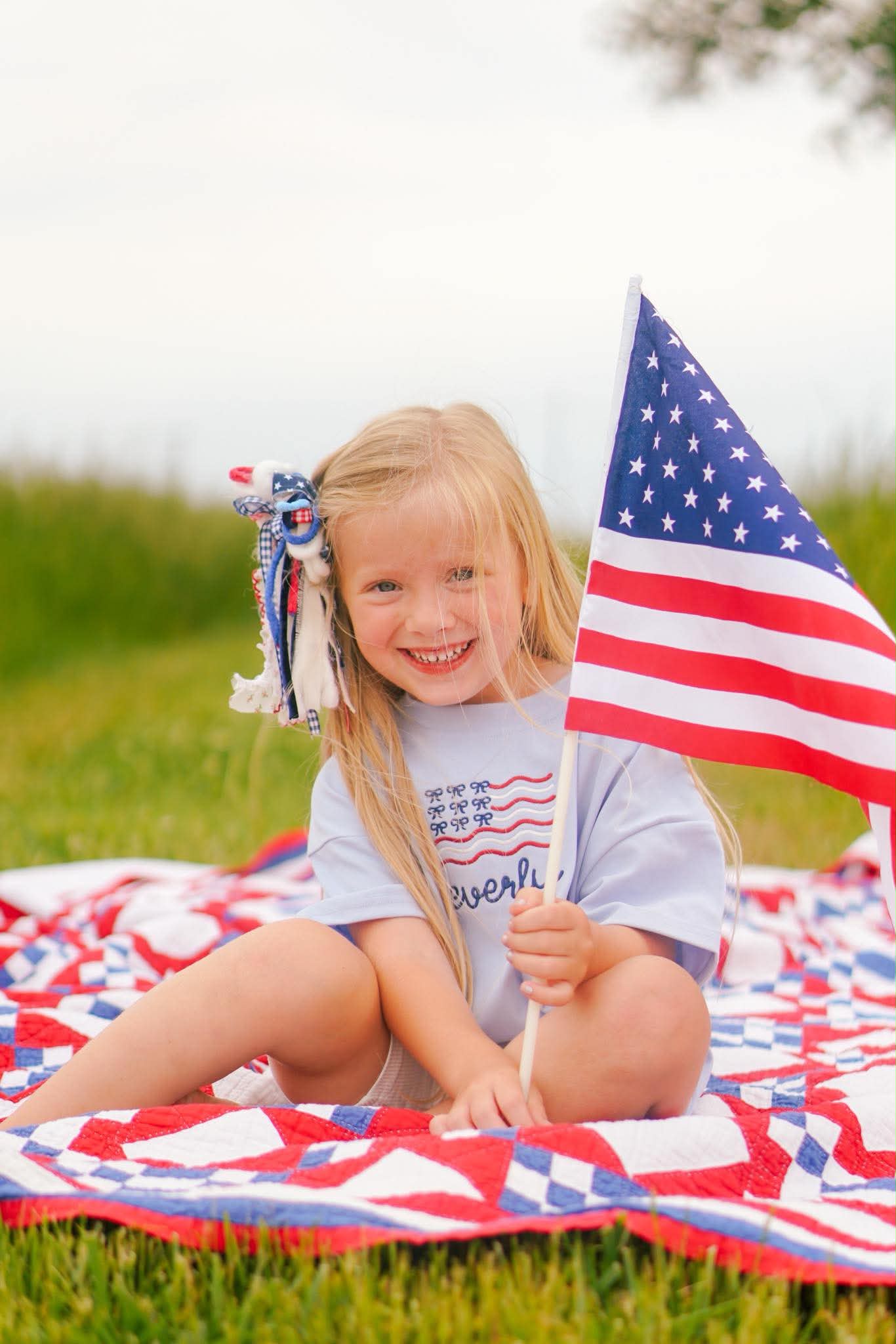Custom Embroidered Light Blue 4th of July Oversized Tee or T-Shirt Romper - Bow Flag