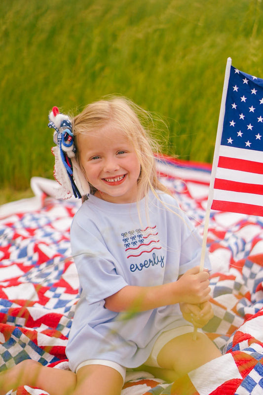 Custom Embroidered Light Blue 4th of July Oversized Tee or T-Shirt Romper - Bow Flag