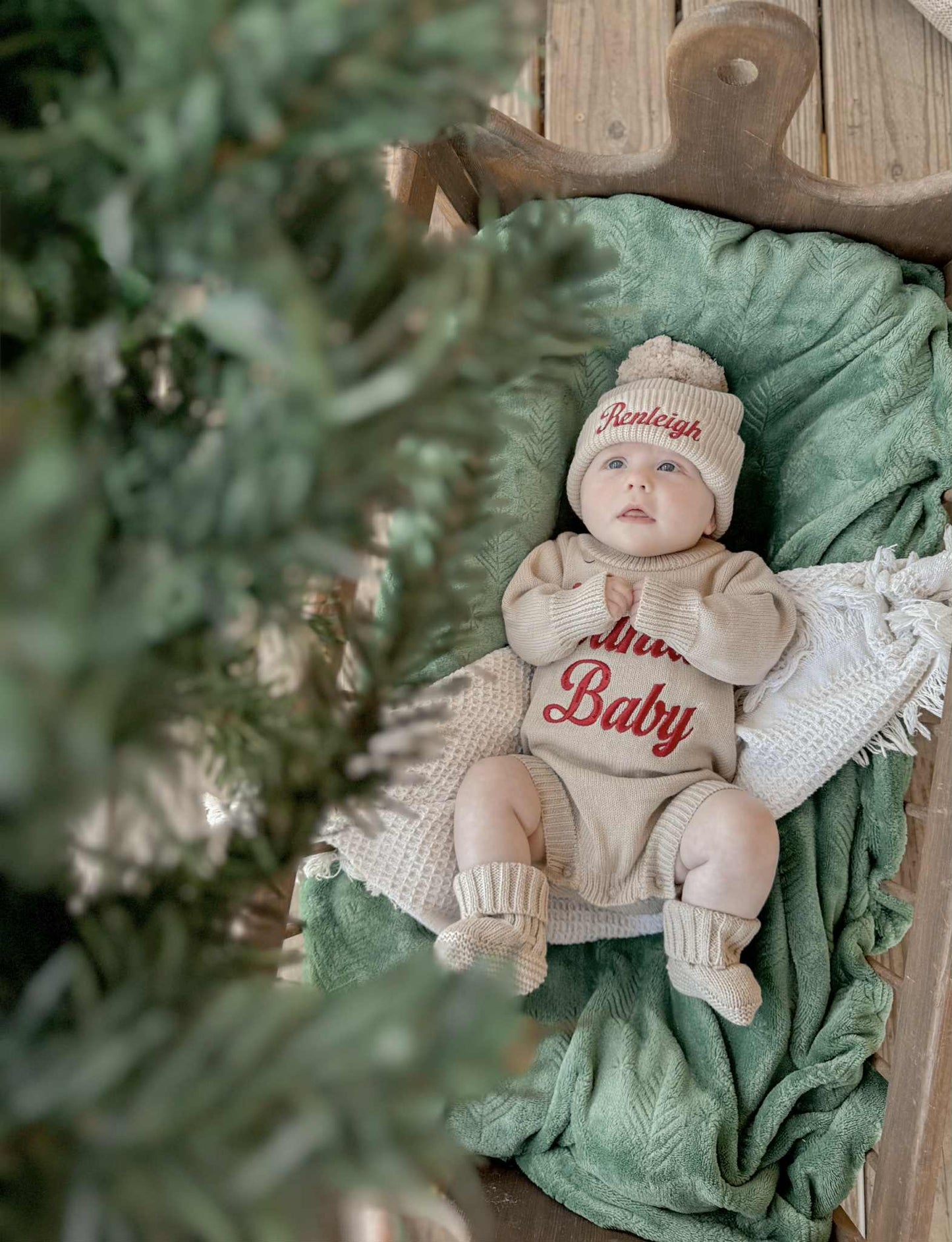 Custom Embroidered Santa Baby Christmas Knit Sweater Romper + Add-On Booties & Hat Set