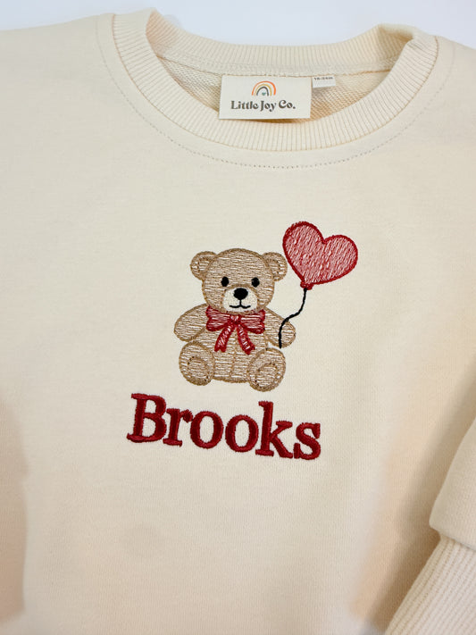 Custom Embroidered Sweatshirt or Sweatshirt Romper - Balloon Heart Teddy Bear