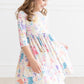 Pastel Floral Bunnies 3/4 Sleeve Pocket Twirl Dress