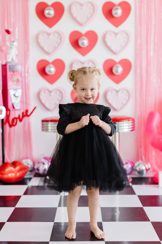 Black Shimmer 3/4 Sleeve Tutu Dress