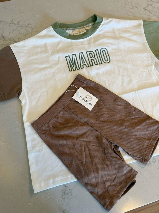 Custom Embroidered Colorblock Tee and Biker Shorts Set - Brown