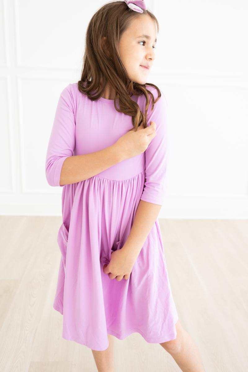 Bright Lilac 3/4 Sleeve Pocket Twirl Dress