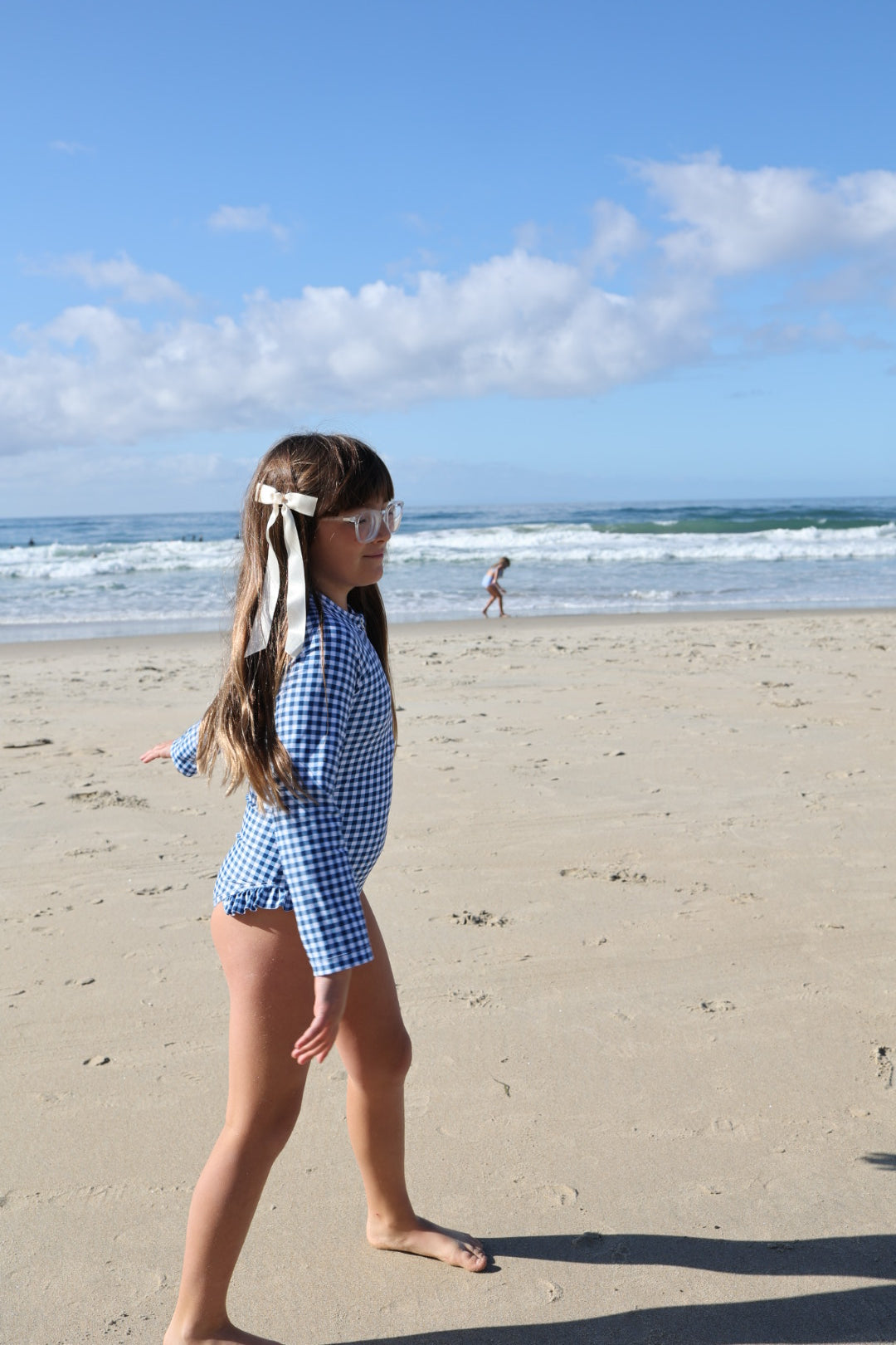 Girls Long Sleeve Swimsuit | Blue Gingham