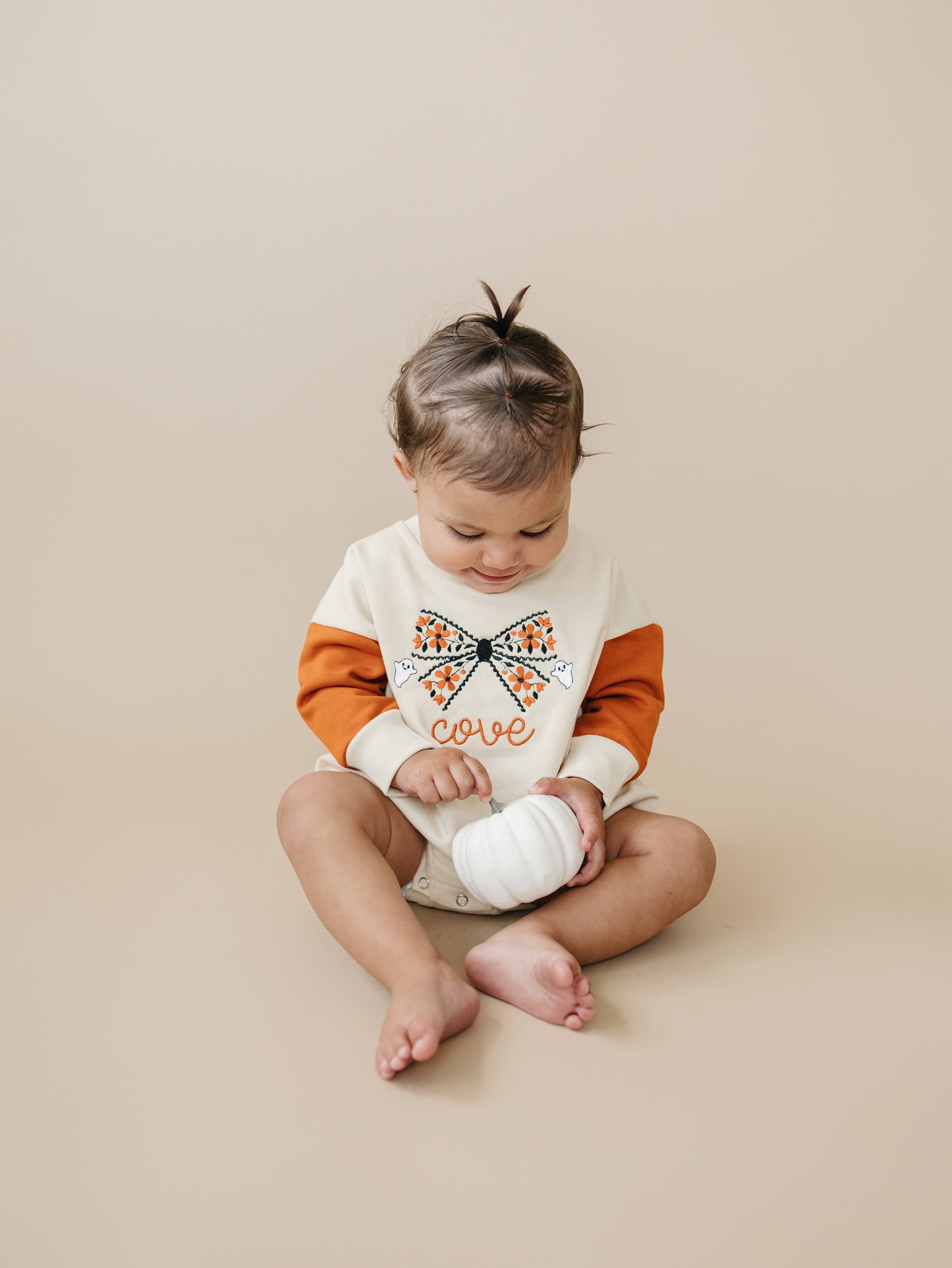 Custom Embroidered Orange Colorblock Crewneck Sweatshirt or Romper - Floral Bow Embroidery