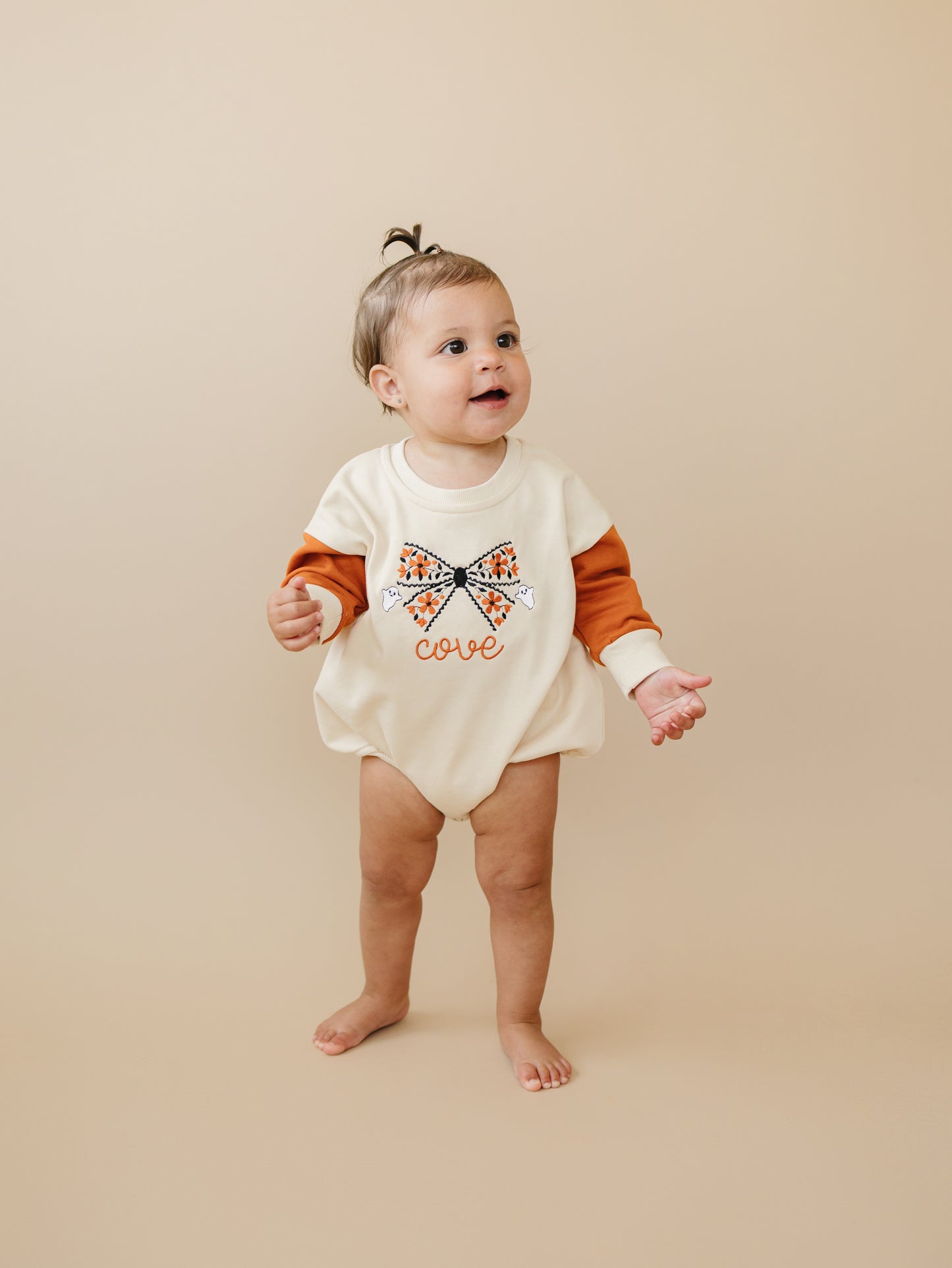 Custom Embroidered Orange Colorblock Crewneck Sweatshirt or Romper - Floral Bow Embroidery