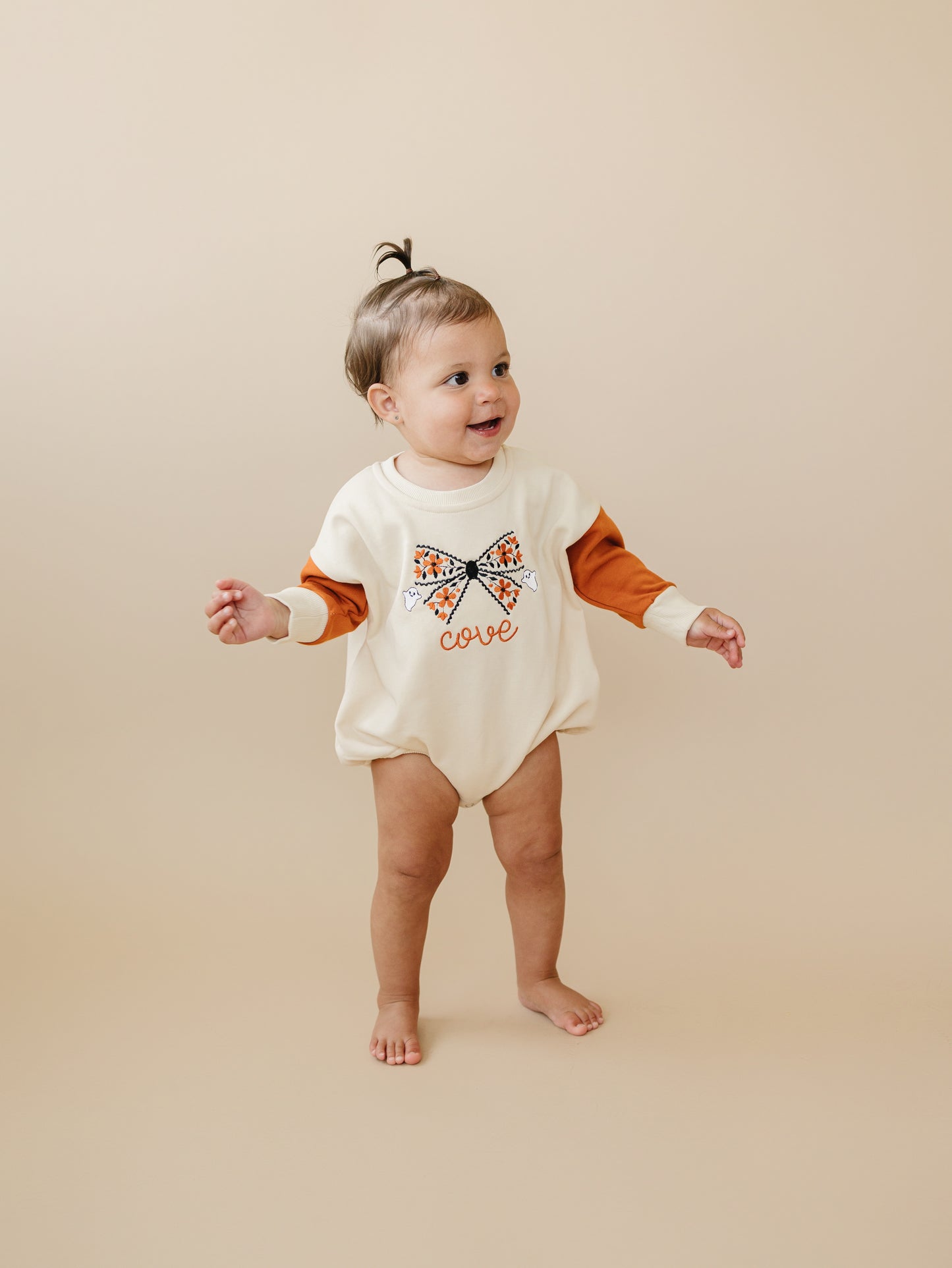 Custom Embroidered Orange Colorblock Crewneck Sweatshirt or Romper - Floral Bow Embroidery