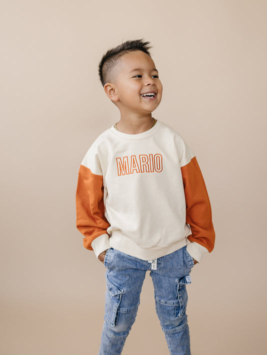 Custom Embroidered Orange Colorblock Crewneck Sweatshirt or Romper