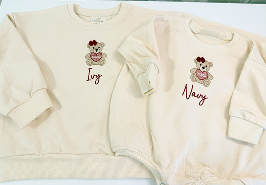 Custom Embroidered Sweatshirt or Sweatshirt Romper - Valentine's Day Bear with or without bow