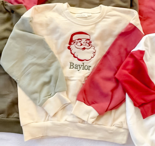 Custom Embroidered Christmas Colorblock Sweatshirt or Romper - Vintage Santa