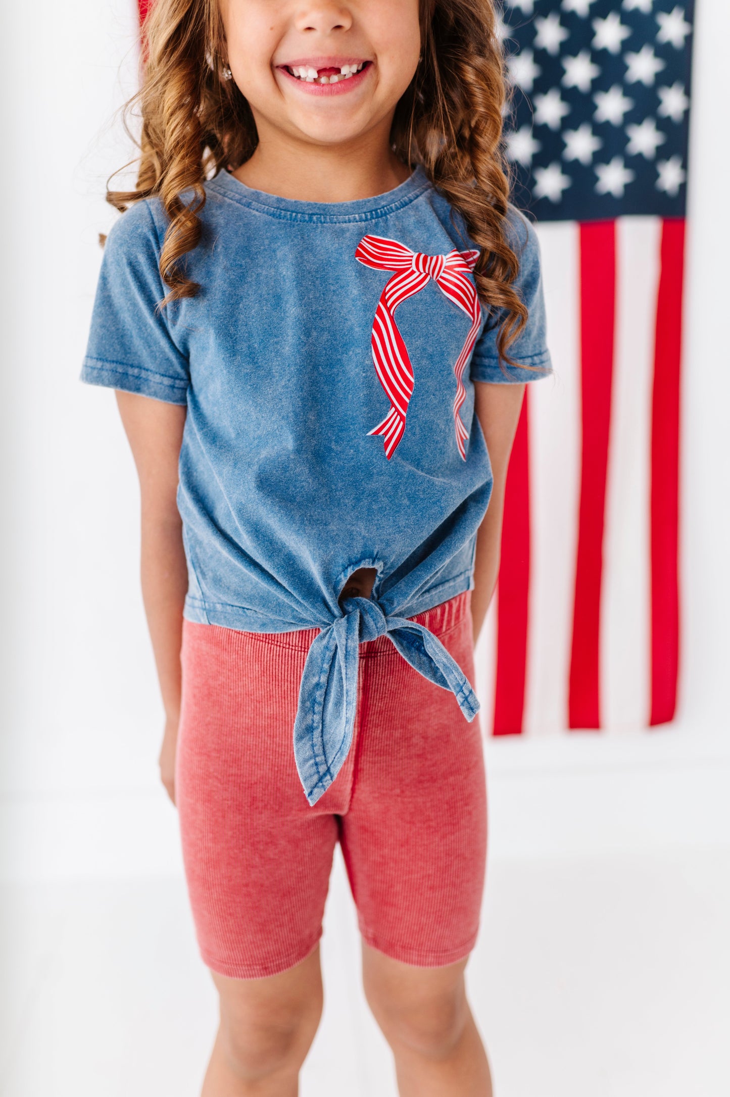 RED Stripe Bow (navy shirt) | Girls Tie-Front Shirt