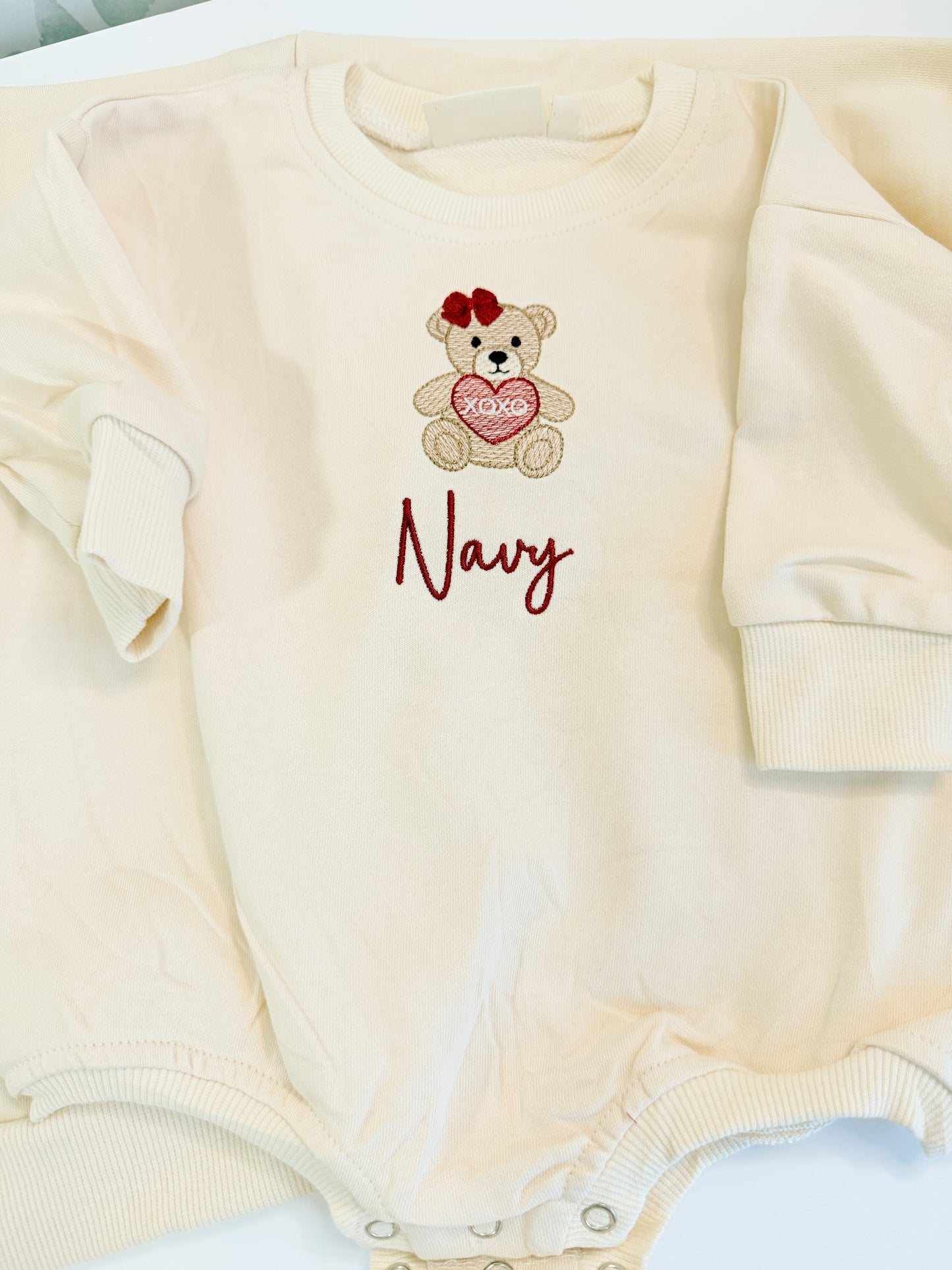 Custom Embroidered Valentine's Day Sweatshirt or Sweatshirt Romper - Bear with or without bow
