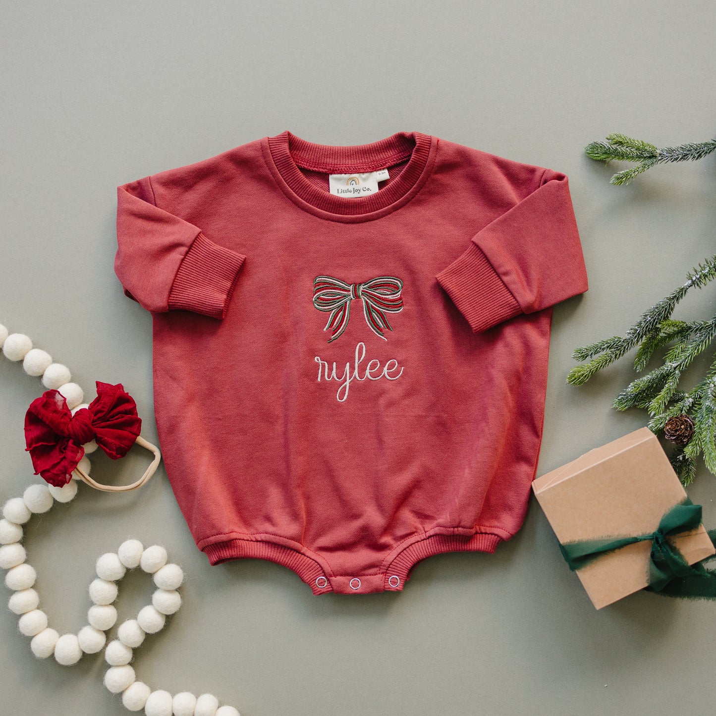 Custom Embroidered Christmas Bow Sweatshirt or Romper