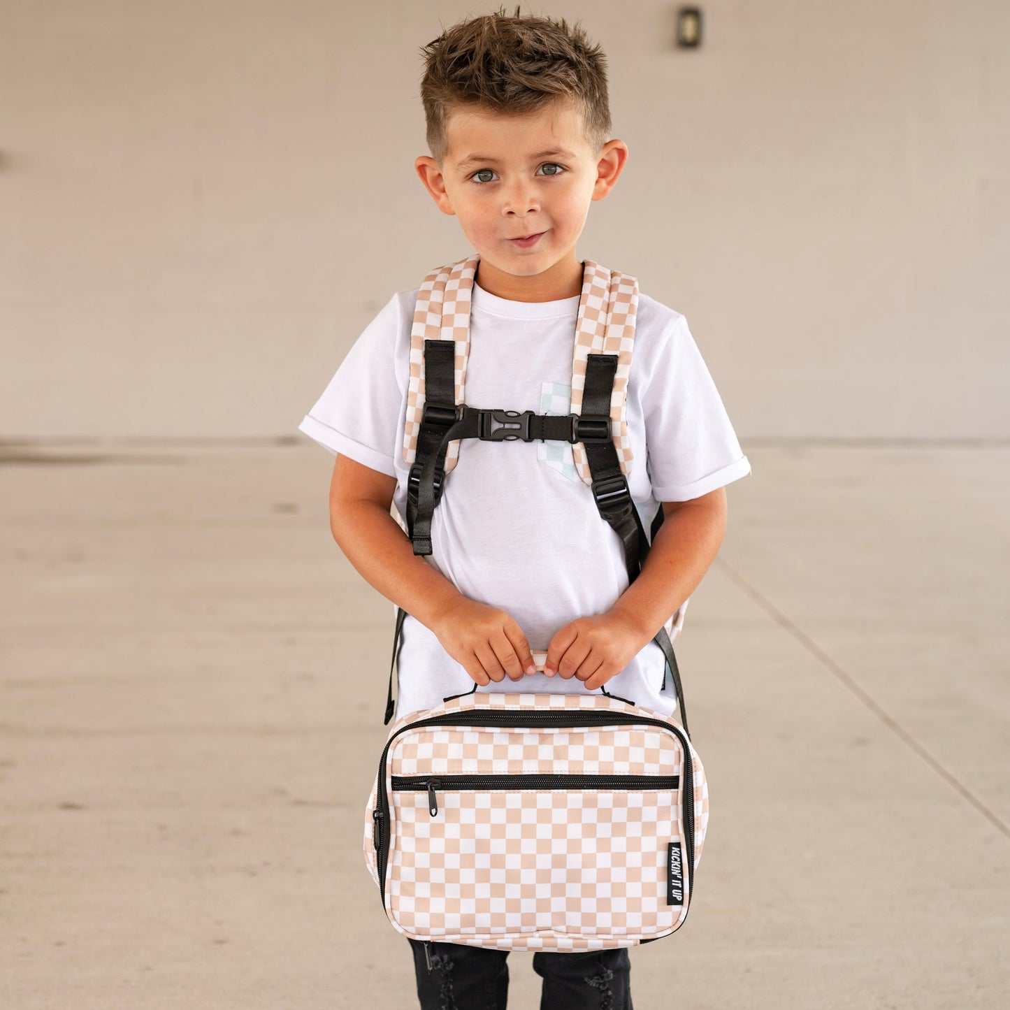 Tan Checkered Lunch Box