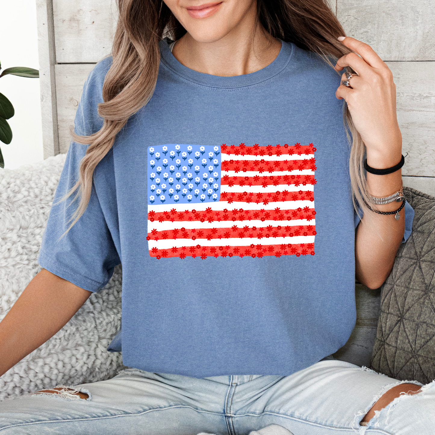 Comfort Colors 4th of July Daisy Floral Flag Tee - choose your color