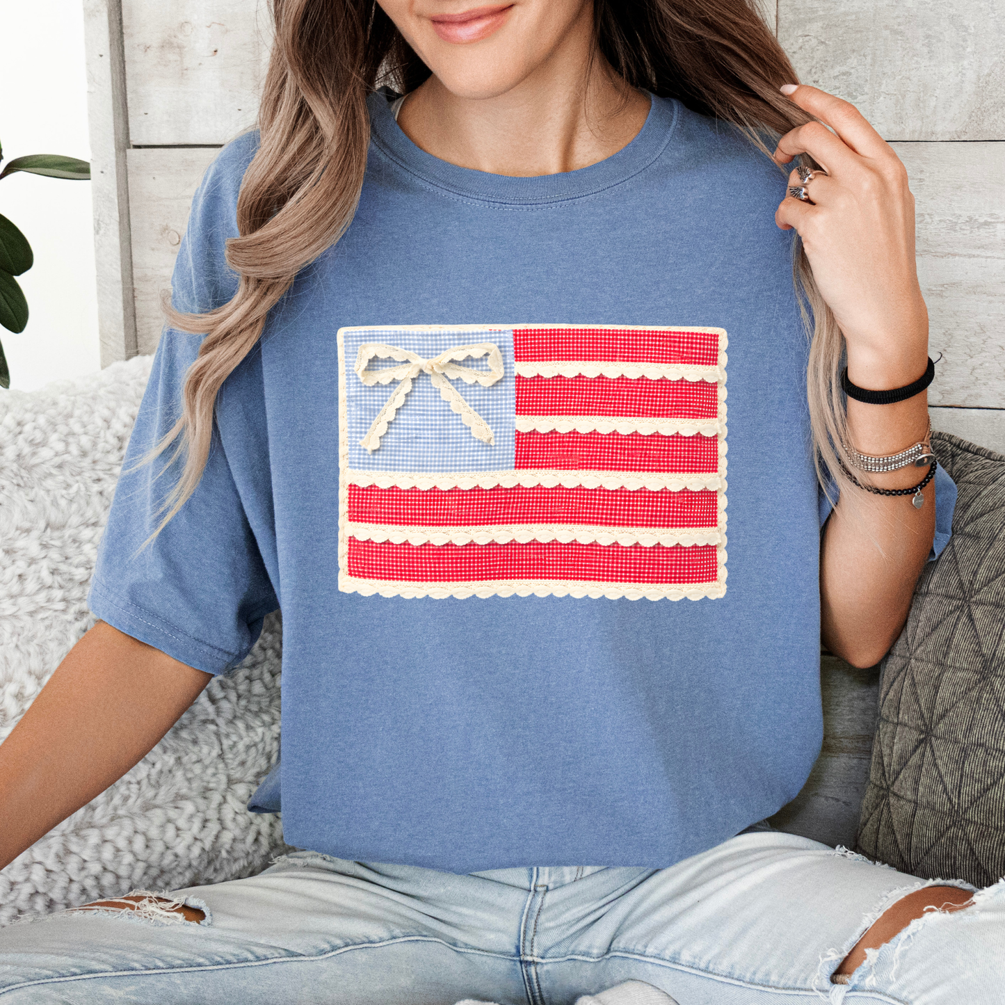 Comfort Colors Lace Bow Flag Tee - choose your color
