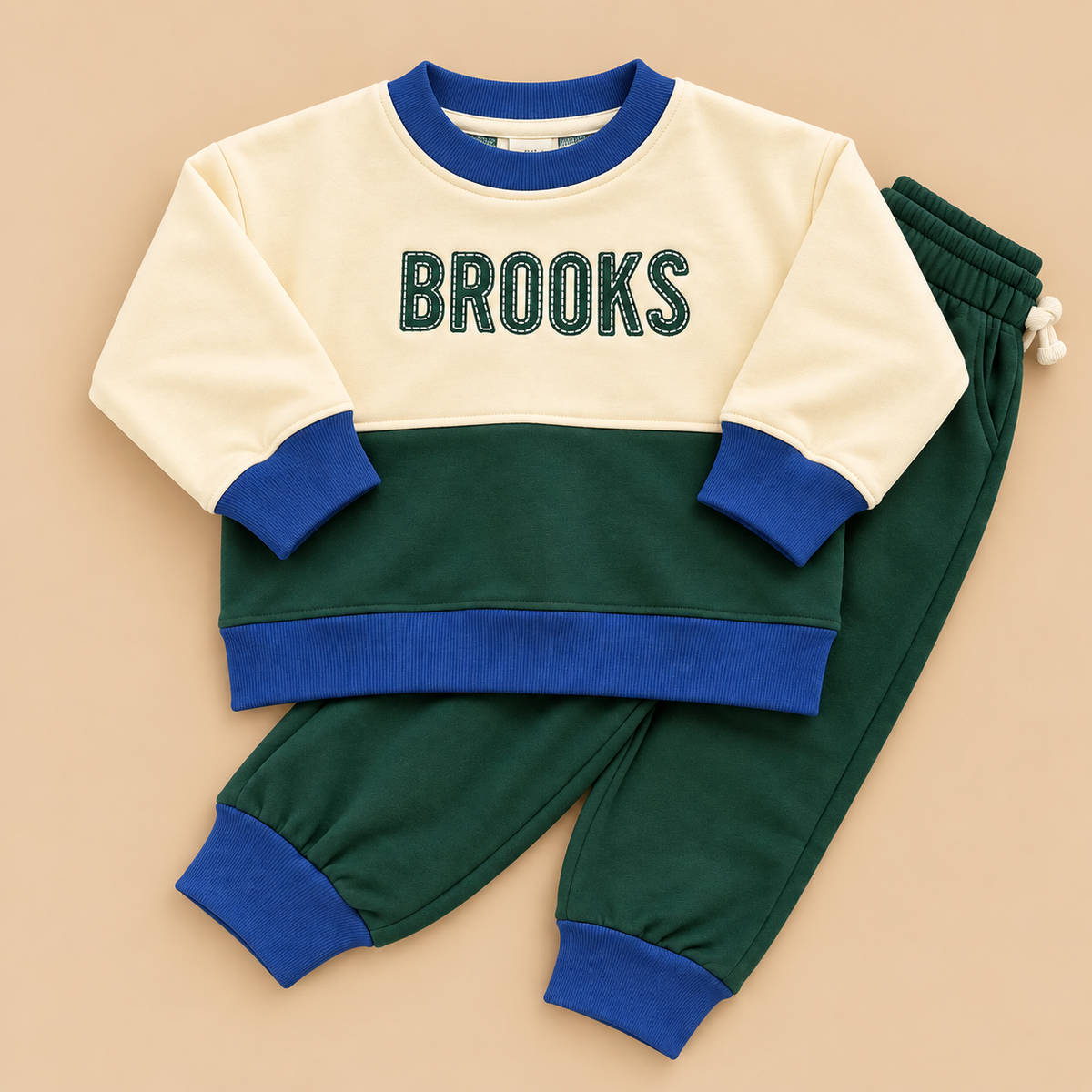 Custom Embroidered Organic Cotton Colorblock Jogger Set — Cream. Blue & Green