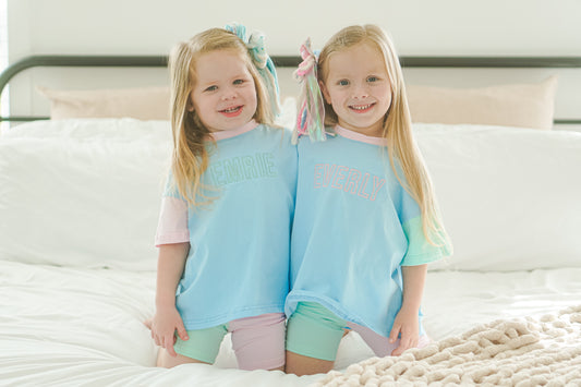 PREORDER Blank Colorblock T-Shirt Romper or Oversized Tee & Biker Set - Blue *Closes 6/5*