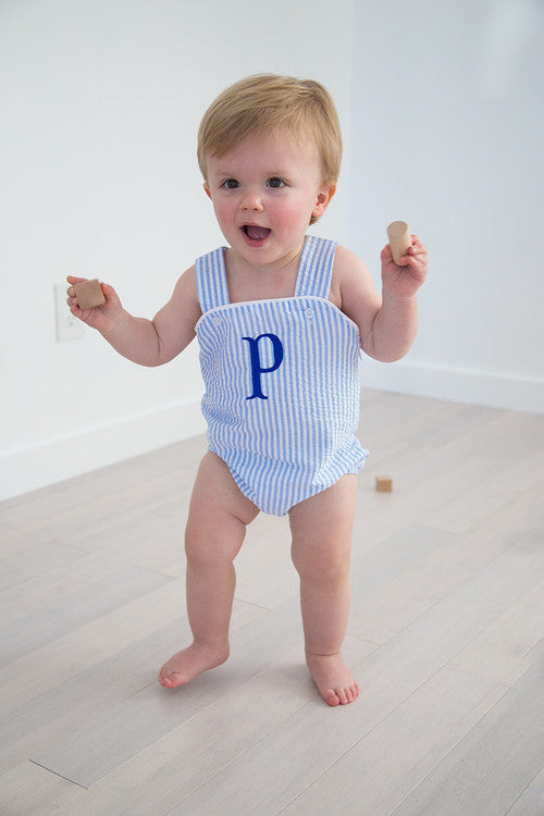 Custom Embroidered Blue Seersucker Sunsuit