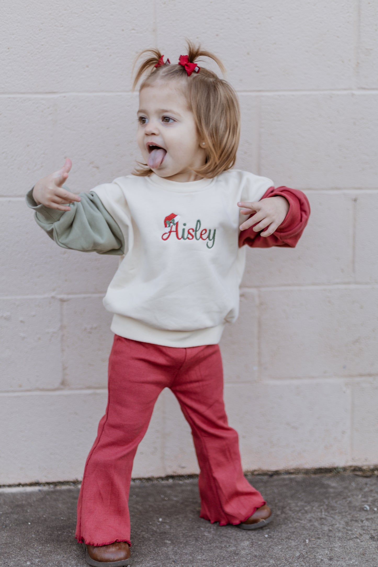 Custom Embroidered Christmas Colorblock Sweatshirt or Romper - Santa Hat