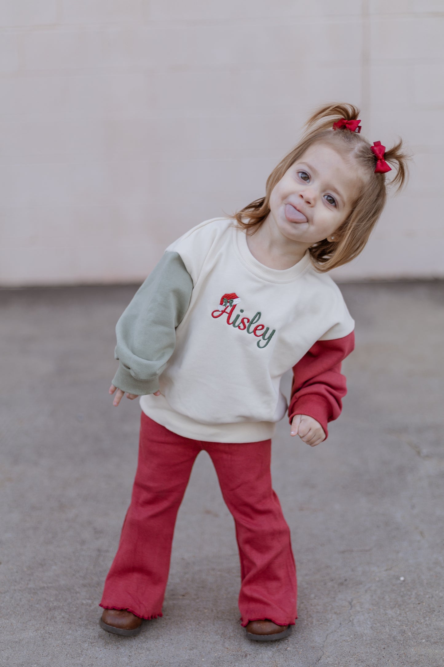 Custom Embroidered Christmas Colorblock Sweatshirt or Romper - Santa Hat