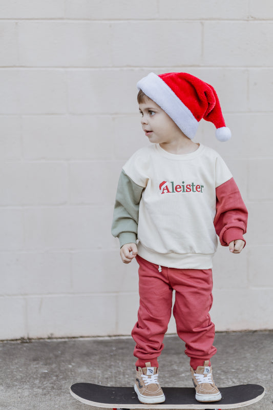 Custom Embroidered Christmas Colorblock Sweatshirt or Romper - Santa Hat