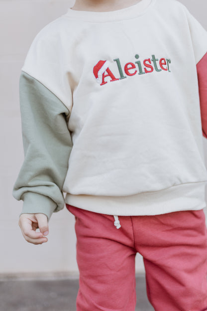 Custom Embroidered Christmas Colorblock Sweatshirt or Romper - Santa Hat