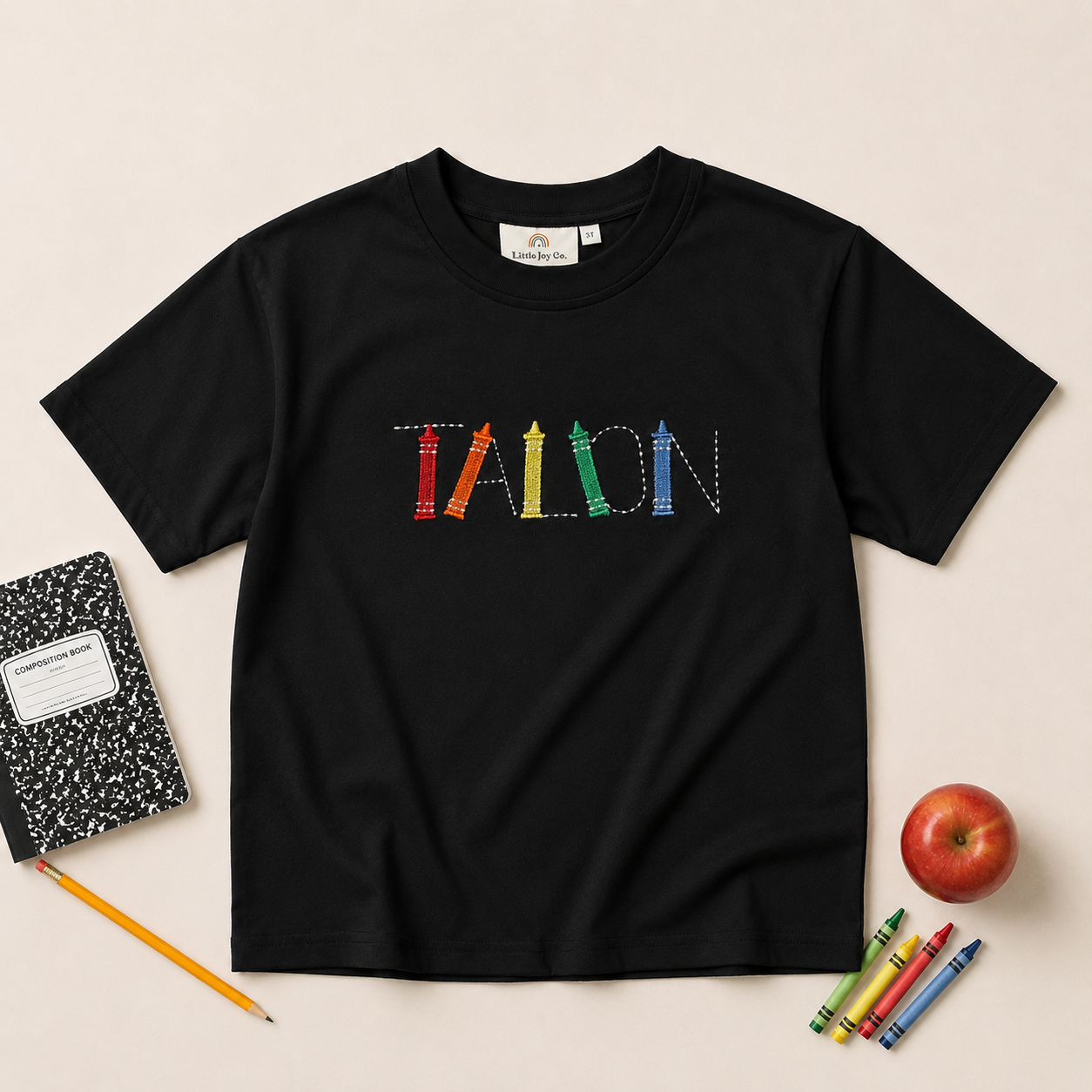 Custom Embroidered Black Oversized Tee or T-Shirt Romper - Back to School Crayon Font