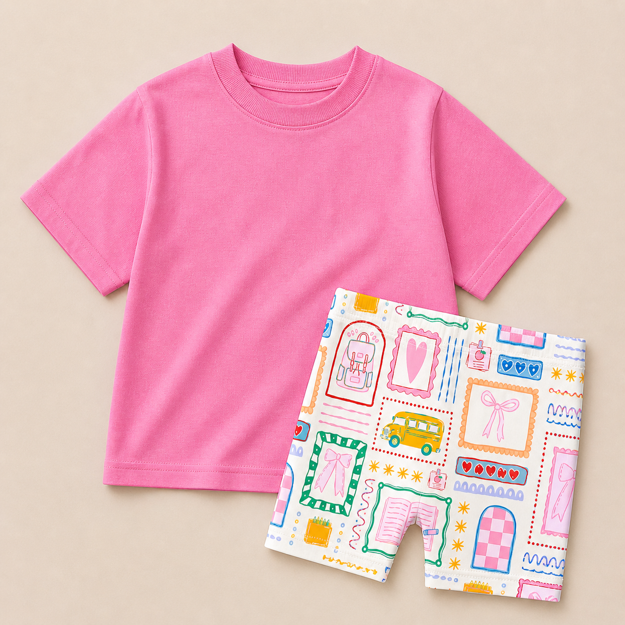 Personalized Embroidered Girls Back to School Tee & Biker Shorts Set – Pink or Purple