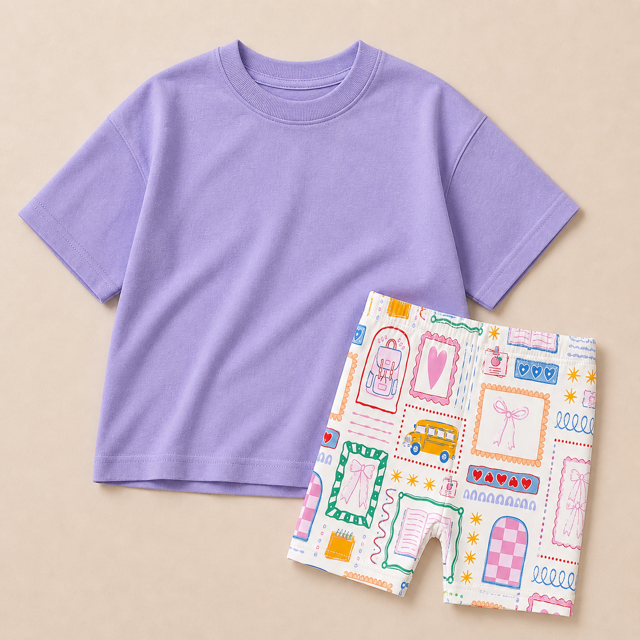 Personalized Embroidered Girls Back to School Tee & Biker Shorts Set – Pink or Purple