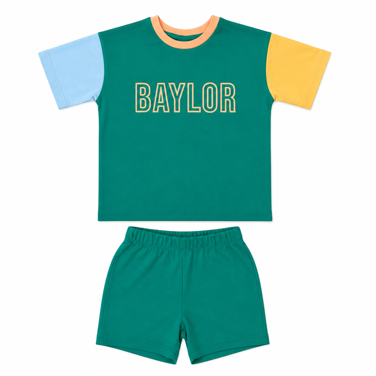 Custom Embroidered Colorblock Organic Cotton Tee & Shorts Set - Green