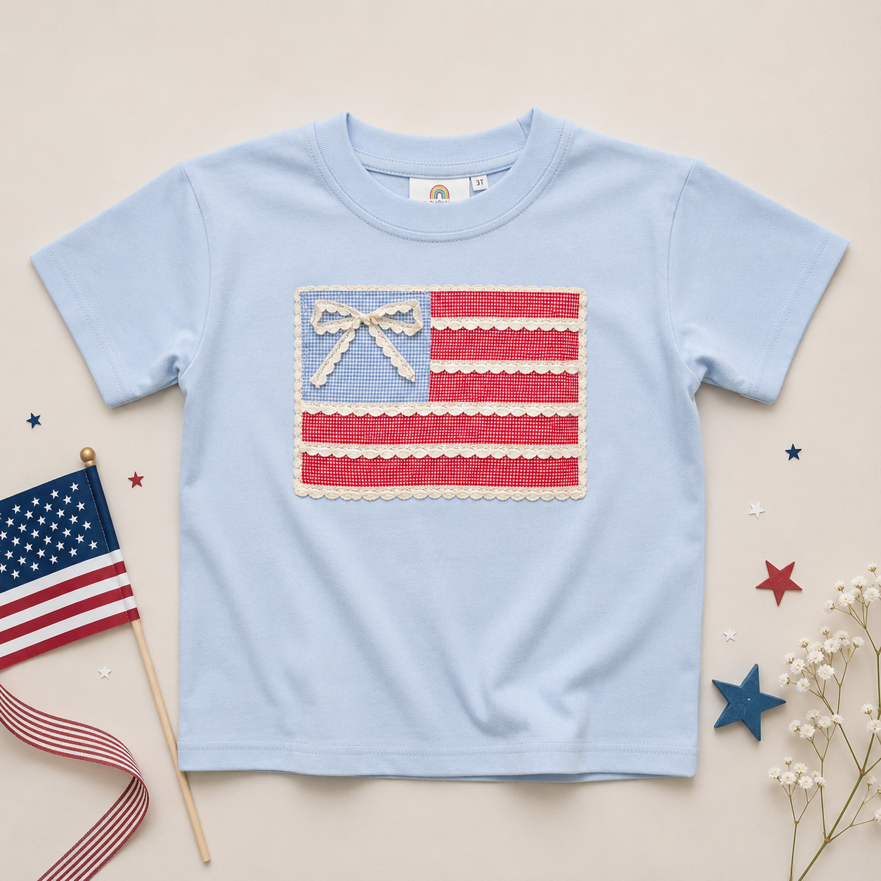 4th of July Lace Bow Flag Tee or Bubble Romper