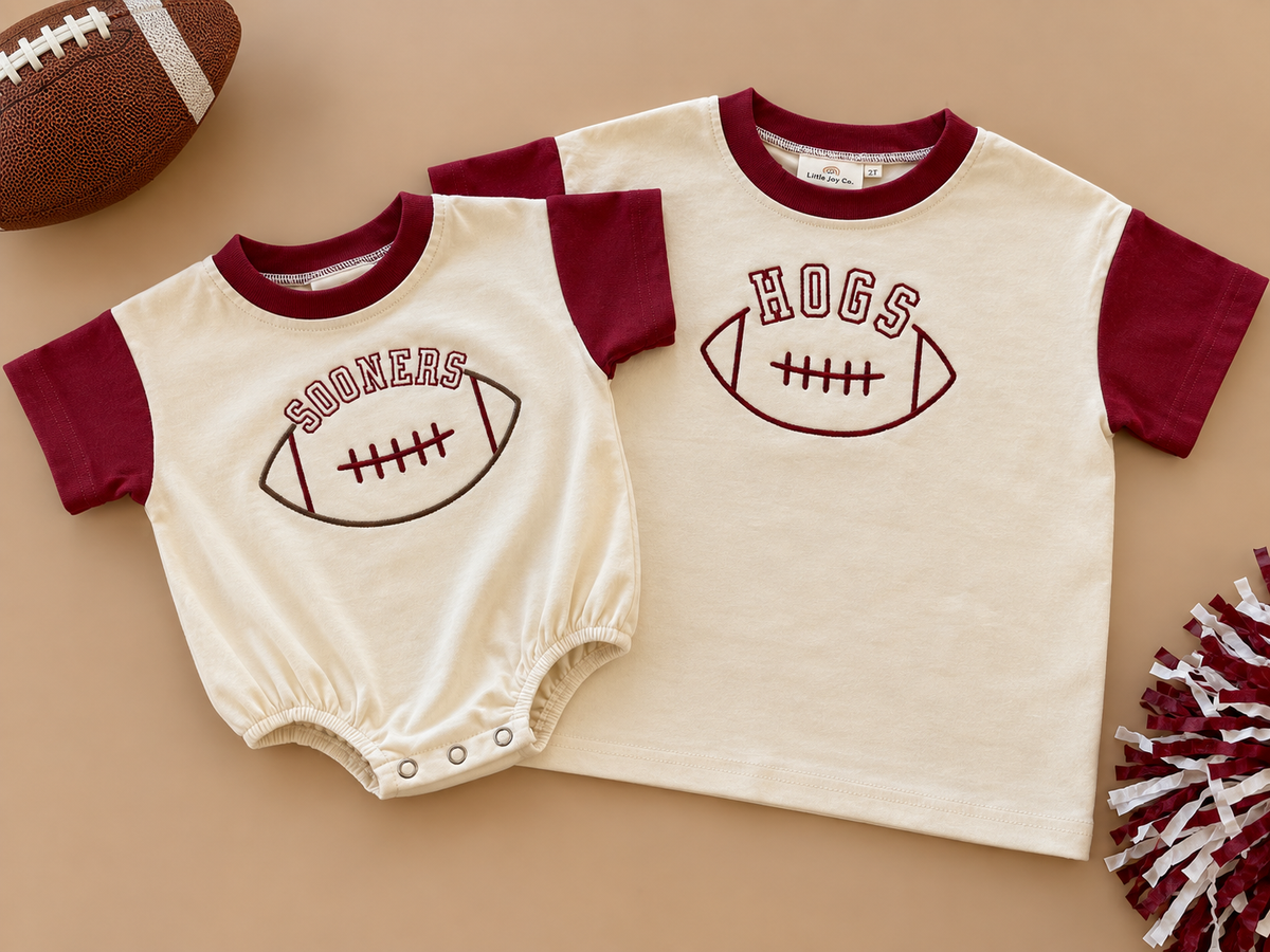 Custom Embroidered Crimson & Cream Colorblock Tee or T-Shirt Romper - Football Team Spirit