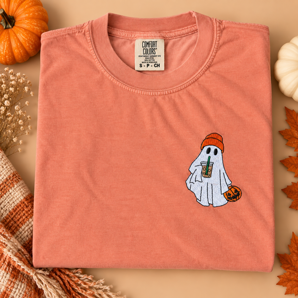 Adult Embroidered Iced Coffee Ghost Comfort Colors Tee - more colors