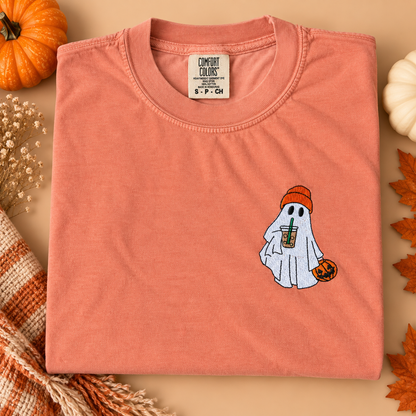 Adult Embroidered Iced Coffee Ghost Comfort Colors Tee - more colors
