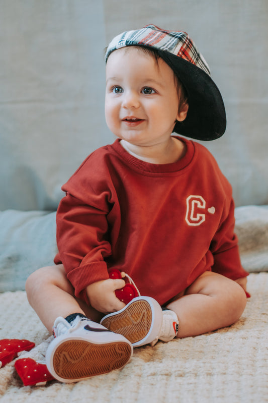 Custom Embroidered Valentine's Sweatshirt Romper - Dark Red