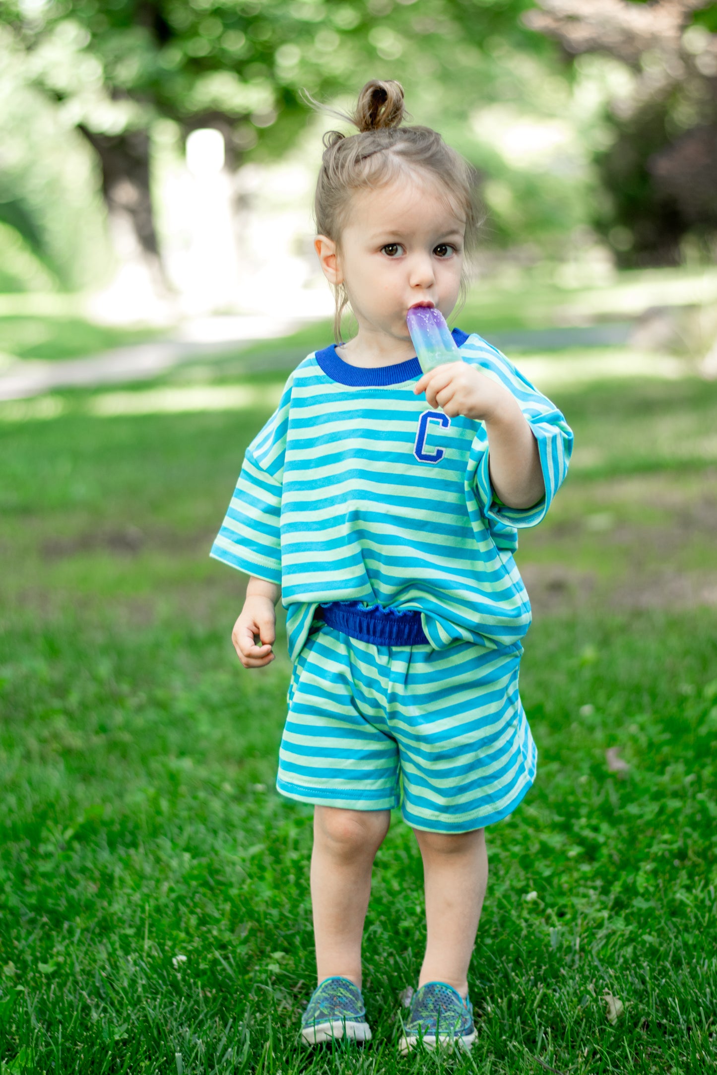 Blue Striped Organic Cotton Shorts Set - Optional Custom Embroidery