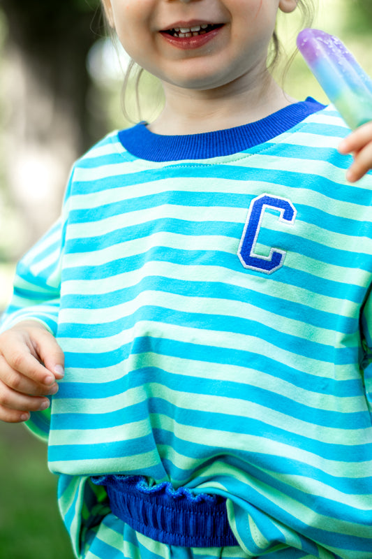 Blue Striped Organic Cotton Shorts Set - Optional Custom Embroidery