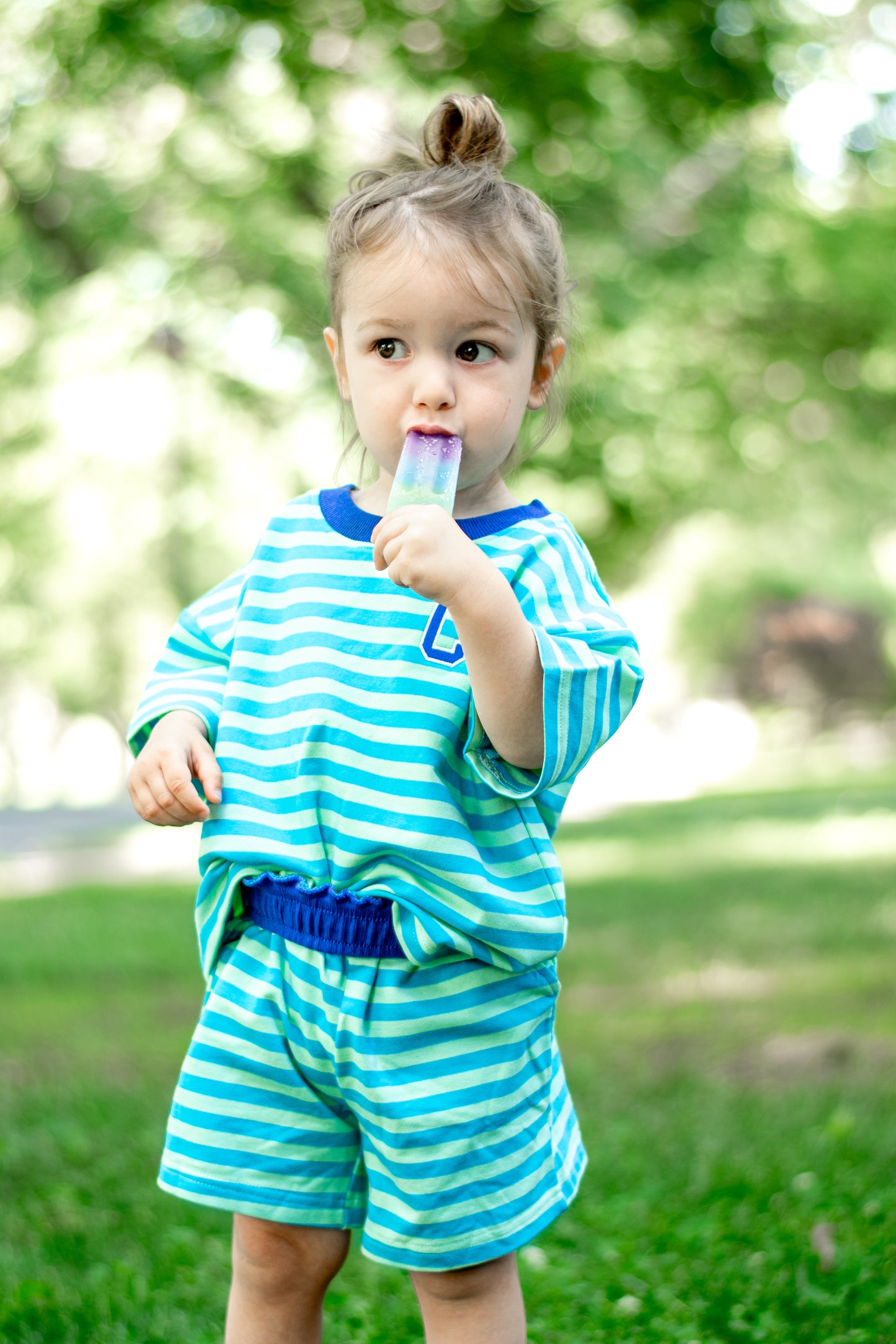 Blue Striped Organic Cotton Shorts Set - Optional Custom Embroidery
