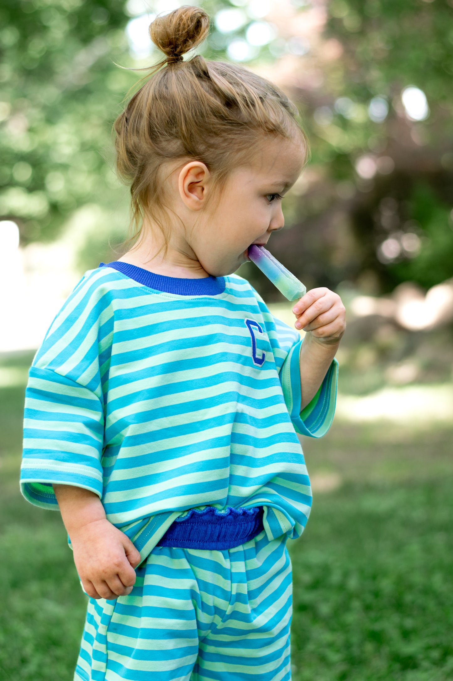 Blue Striped Organic Cotton Shorts Set - Optional Custom Embroidery