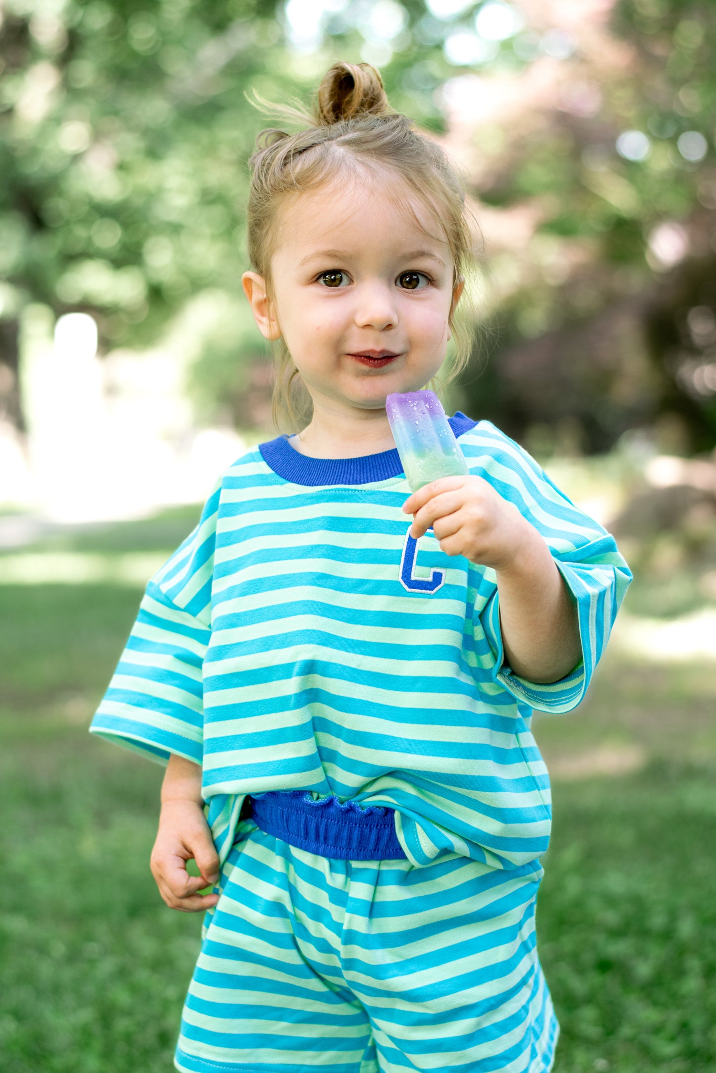 Blue Striped Organic Cotton Shorts Set - Optional Custom Embroidery